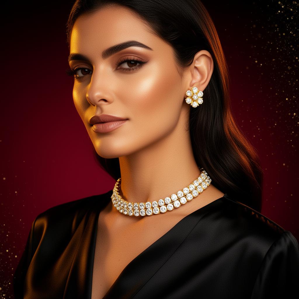Mulher elegante usando Choker Zircônia e Brinco Zircônia Prata da Beatriz Semi Joias